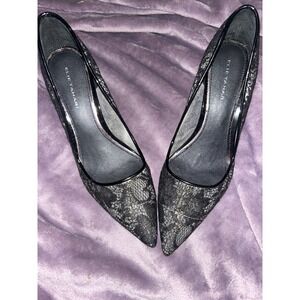 Elie‎ Tahari Pointed Toe Heels Black With Gold Trim Lace Pumps